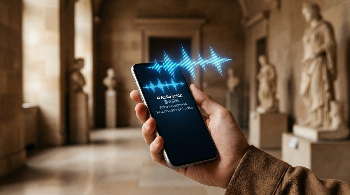 Tourists holding smart audio guide visiting cultural relics, floating AI voice ripples Tourists holding smart audio guide visiting cultural relics, floating AI voice ripples