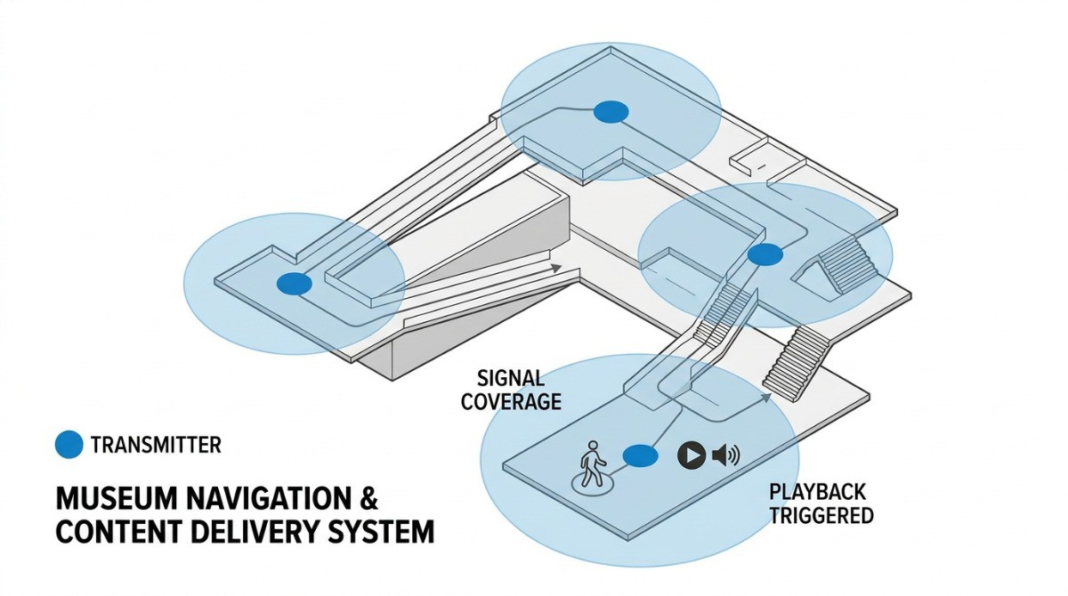 Diagram of automatic induction audio guide system signal coverage in museum Diagram of automatic induction audio guide system signal coverage in museum